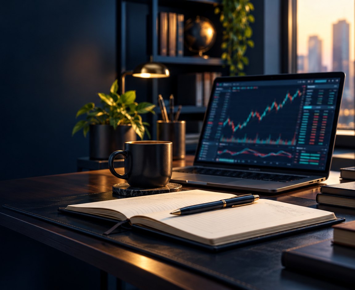 Bureau de trader avec un ordinateur affichant un graphique de marché